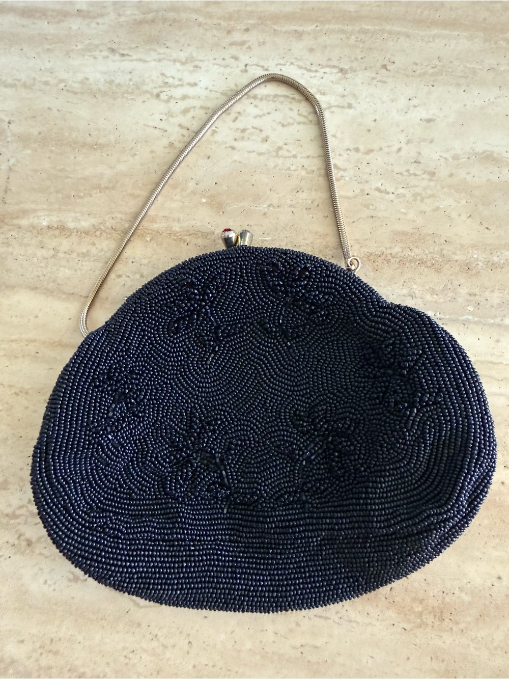 Vintage La Regale Black Italian Beaded Evening Bag Ruby Rhinestone Clasp